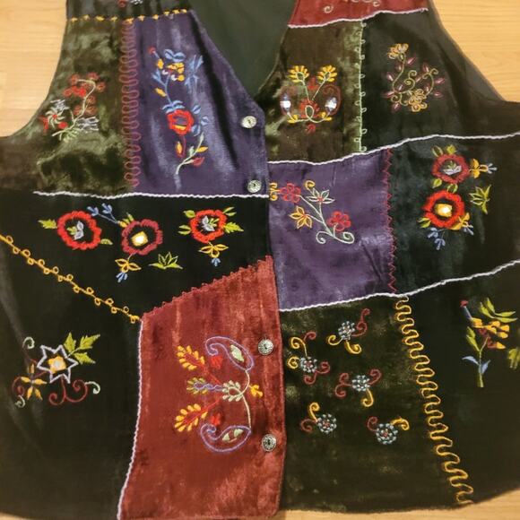 Vtg Floral Velvet Patchwork Vest Black Whimsigoth Fairy Grunge Embroidered L - Picture 3 of 6